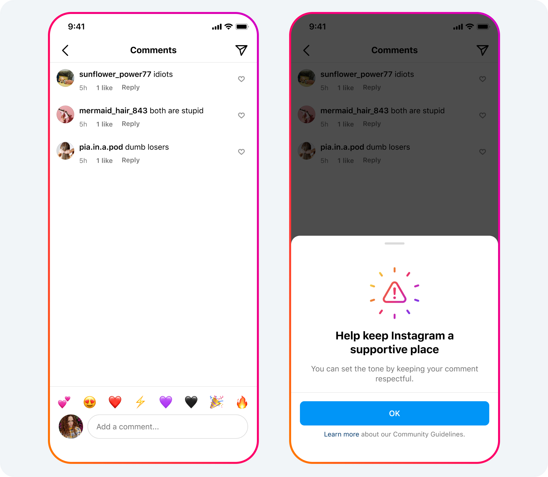 An Instagram prompting reminding someone to be kind in their comment reply.